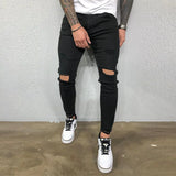 Men Jeans Knee Hole Ripped Stretch Skinny Denim Pants Solid Color Black Blue Summer MartLion   