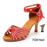 Latin Dance Shoes for Woman Ballroom Modern Tango With Rhinestone MartLion 7CM Red B 36 (23cm) CHINA