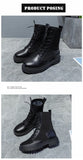  Autumn Women's Boots Casual All-Match Lace-Up PU Leather Black Non-Slip Motorcycle De Mujer Mart Lion - Mart Lion