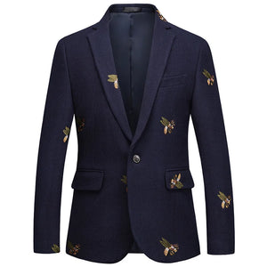 Shenrun Men's Jacket Navy Blue Worsted Bee Embroidery Wedding Groom Suit Jackets Casual Slim blazers MartLion Navy Blue M 