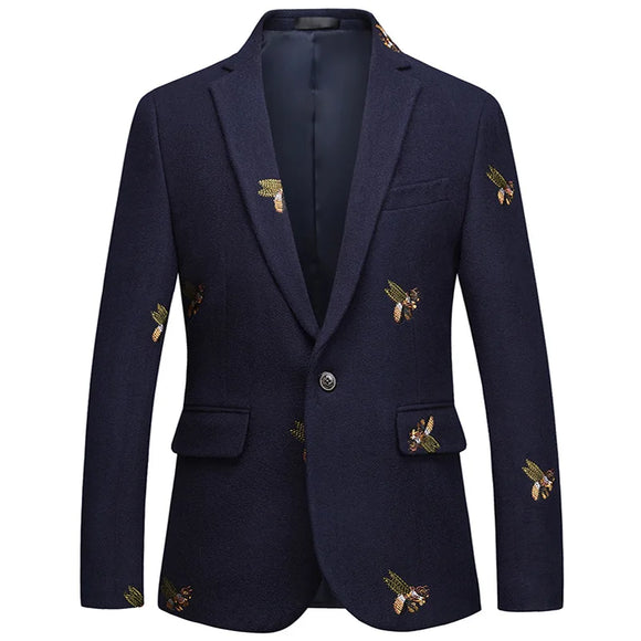 Shenrun Men's Jacket Navy Blue Worsted Bee Embroidery Wedding Groom Suit Jackets Casual Slim blazers MartLion Navy Blue M 