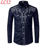 Stylish Western Cowboy Shirt Men's Brand Design Embroidery Slim Fit Casual Long Sleeve Wedding Party Mart Lion Navy US Size S 