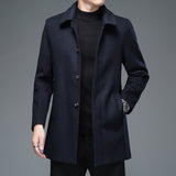 Men's Winter Jackets and Coats Casual Woolen Coats Long Overcoat Turn Down Collar Wool Blends Mart Lion Navy M 