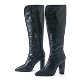 Winter Knee High Boots Women Black Square Heels Snake Print Leather Pointed Toe Zip Ladies Chunky Shoes Mart Lion   