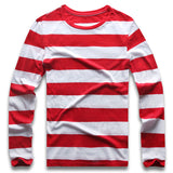 Red White Striped Long Sleeve T Shirts Tees Men's Round Neck Colorful Black White Stripes Casual Mart Lion Red White Stripe S 