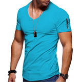 Men's V-neck T-shirt Fitness Bodybuilding High Street Summer Short-Sleeved Zipper Casual Cotton Top Mart Lion Light blue M 