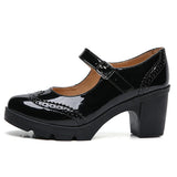 Women Mary Jane Pumps Shoes Patent Genuine Leather High Heels Shinny Ladies Retro Brogue High Square Heel MartLion   