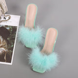 Summer Woman Pumps Transparent Perspex High Heels Color Feather Fur Peep Toe Mules Slippers Ladies Slides Shoes Sandals Mart Lion   