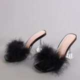 Summer Woman Pumps Transparent Perspex High Heels Color Feather Fur Peep Toe Mules Slippers Ladies Slides Shoes Sandals Mart Lion   