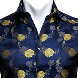 Barry Wang Gold Rose Paisley Silk Shirt Men's Long Sleeve Casual Flower Shirts Designer Fit Dress MartLion   