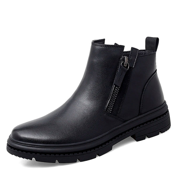 Chelsea Men's Boots Fur Cowhide Double Zipper Korean Version High Top Casual Wool Cotton Shoes Leather MartLion black 10 