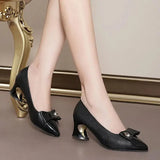 women cute sweet black leather square heel shoes for office classic pointed toe office party pumps MartLion   