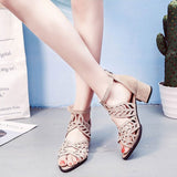 Women Summer High Heels Hollow Out Faux Leather Rhinestones Thick Heel Zipper Sandals Open Toe Shoes Mart Lion   