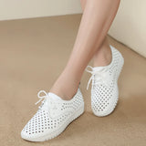 Genuine Leather ladies flats sneakers Women casual loafers shoes Hollow moccasins White Lace up canvas Boat MartLion White 9 