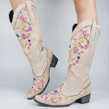 Mixed Color Knee-high Great Women Shoes Embroider Western Boots MartLion Beige 35 