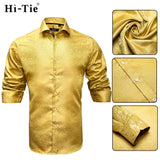 Hi-Tie Blue Men's Shirts Paisley Floral Silk Gold Long Sleeve Casual Shirts Party Wedding Dress MartLion   