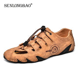 Summer Men's sandals Leather Casual Shoes Breathable Beach Slippers Lace-up Outdoor Mart Lion   