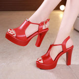 Block Heel Platform Sandals Women Wedding Shoes Summer T Strap High Heels Ladies OL Office MartLion Red 11 