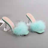 Summer Woman Pumps Transparent Perspex High Heels Color Feather Fur Peep Toe Mules Slippers Ladies Slides Shoes Sandals Mart Lion   