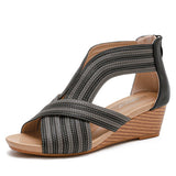 Summer Ladies Sandals Casual Bag Heel Wedge Zipper Roman Shoes Ladies Fish Mouth Open Mart Lion black 5 