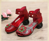 Genuine Leather Retro Style Chunky Heel Sandals Flower Open Toe Handmade Women High-Heeled Shoes MartLion   