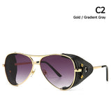 Vintage SteamPunk Pilot Style Sunglasses Leather Side Shield  Design Oculos Mart Lion C2 Gold Gray  