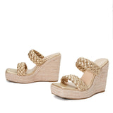 Wedges Shoes For Women Slippers Handmade Straw Rope Weave Thick Bottom Platform High Heels Golden Sandals Mart Lion   