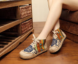 High Top Cotton Embroidered Women Casual Linen Flat Shoes Handmade Lace Up Thick Hemp Soled Canvas Sneakers MartLion   