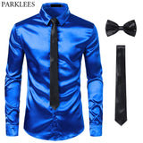 Black Men's Silk Dress Shirts 3Pcs(Shirt +Tie+Bowtie) Smooth Satin Slim Fit Party Prom Casual Social Camisa Mart Lion   