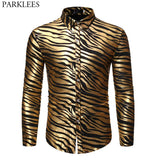 Men's 70s Metallic Gold Zebra Print Disco Shirt Slim Fit Long Sleeve Dress Shirts Party Prom Stage Chemise MartLion   