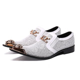 Pointed Toe White Men's Wedding Shoes With Crystal Hoops Genuine Leather Casual Slip On Dress Suit Mart Lion with metal toe 5.5 