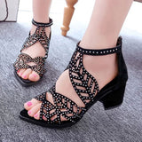 Women Summer High Heels Hollow Out Faux Leather Rhinestones Thick Heel Zipper Sandals Open Toe Shoes Mart Lion   