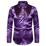Purple Sequin Patchwork Silk Shirt Men's Western Boy Style Satin Dress Shirts Disco Dance Stage Prom MartLion Purple US Size S 