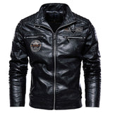 Leather Jacket Men's Winter Fleece Motorcycle PU Stand Collar Casual Windbreaker Ropa De Hombre Slim Coat Mart Lion Black L 