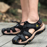 Summer Men's Sandals Genuine Leather Soft Breathable Shoes Beach Handmade Roman MartLion black 13 