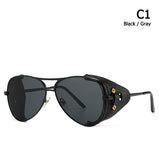 Vintage SteamPunk Pilot Style Sunglasses Leather Side Shield  Design Oculos Mart Lion C1 Black Gray  