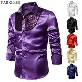 Purple Sequin Patchwork Silk Shirt Men's Western Boy Style Satin Dress Shirts Disco Dance Stage Prom MartLion   