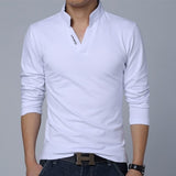 T-Shirt Men's Spring Cotton Solid Color Mandarin Collar Long Sleeve Slim Fit Tee Shirts Mart Lion white M 