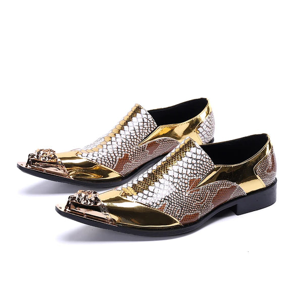 Handmade Pointed Toe Metal Tip Genuine Leather Men's Dress Shoes Snakeskin Evening Party Wedding Gold Oxfords MartLion as picture 8.5 