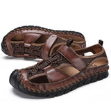 Men's Brand Genuine Leather Summer Casual Flat Sandals Roman Beach Footwear Sneakers Low Wedges Shoes Mart Lion Dark Brown 6 