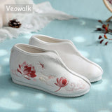 Veowalk Lotus Embroidered Women Cotton Mid-top Shoes with Warm Fleece Lining Winter Chic Elegant Ladies Jacquard Flat Platforms MartLion   