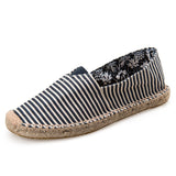 Men's Espadrilles Patchwork Slip on Summer Shoes Loafers Breathable Canvas Jute Wrapped Black Stripe Mart Lion DarkBlue Pinstripe 4 