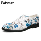 Wedding Dress Shoes Men's Lace Up Formal Pointed Toe Party Oxfords Sky Blue Floral Leather Zapatos Hombre Mart Lion   