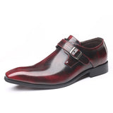 Men's Black Brown Dress Shoes PU Leather Slip Formal Suit Footwear with Buckle Luxury Designer Loafer Mart Lion Wine Red 38 