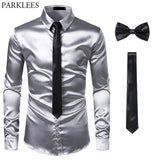 Black Men's Silk Dress Shirts 3Pcs(Shirt +Tie+Bowtie) Smooth Satin Slim Fit Party Prom Casual Social Camisa Mart Lion   