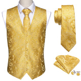 Barry Wang 8 Colors Men's Suit Vest Yellow Paisley Waistcoat Silk Tailored Collar V-neck Check Vest Tie Set Formal Leisure Mart Lion M-2049 S 