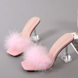 Summer Woman Pumps Transparent Perspex High Heels Color Feather Fur Peep Toe Mules Slippers Ladies Slides Shoes Sandals Mart Lion   