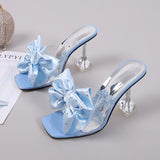 Crystal Bow High Heels Slippers Shoes Woman PVC Transparent Sandals Slides Open Toe Pumps Blue Black Mart Lion   