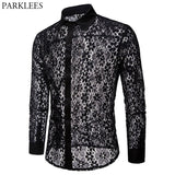 Luxury Floral Embroidery Lace Shirt Men's Transparent Dress See Trough Club Party Black Mart Lion   