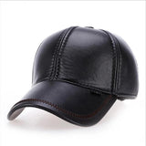 Adult Faux Leather Hat Men's Warm PU Leather Baseball Cap Winter Outdoor Ear Protection Cap Leather Hat Windproof hat MartLion black Adjustable 